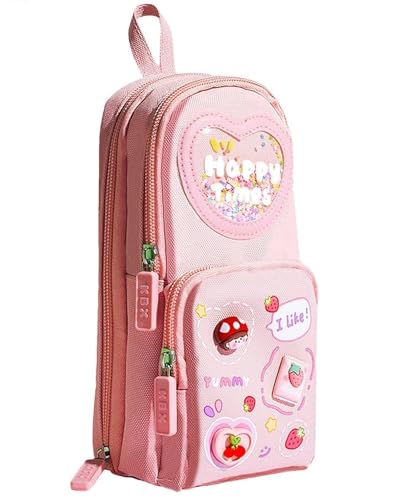 Image of Invite Enterprise Polyester Kawaii Pencil Case - 3 Compartment Cute Aesthetic Large Pen Pouch - Multifunctional Stationery Organizer for School Office (Happy Time Pink)