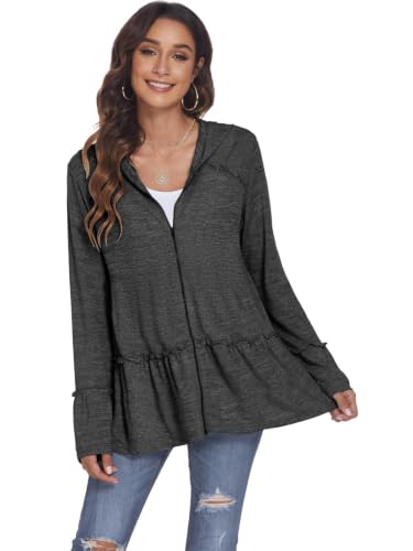 Image of DEESHA Plus Size Zip Up Hoodie for Curvy Women Spring Ruffle Hooded Sweatshirts Jacket Cardigans Lightweight