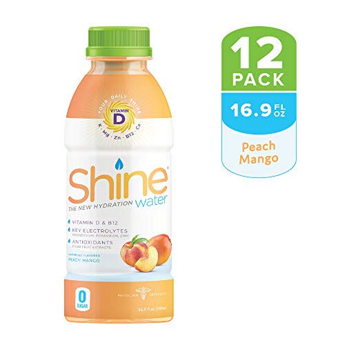 Shine Water "The New Hydration" Vitamin D + Electrolyte + Antioxidant Water, Zero Sugar, Naturally Flavored, Made in The USA! 16.9oz. BPA Free Bottle (12 Pack) (PEACH MANGO)