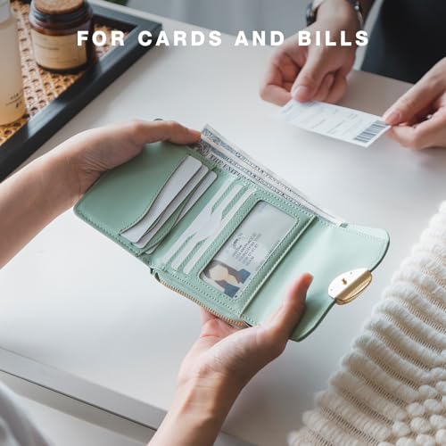 Trifold Leather Wallet for Women RFID Blocking, Small Compact Purse with Zipper Pocket, Ideal for Gift, Green2