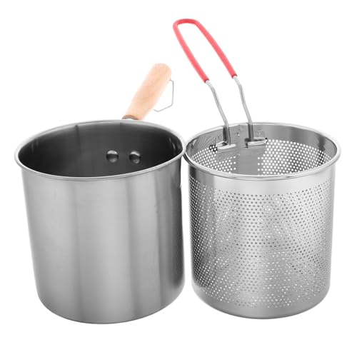 Cabilock Olla Freidora De Acero Inoxidable con Mango De Madera, Cesta con Filtro De Aceite De 1200 Ml, Olla para Cocinar, Freidora con Cesta para Cocinar En Casa, Sartén