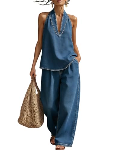 Women's Fashion Halter Denim Sets, Cozy Minimalist Two-Piece Denim Set