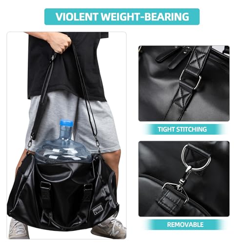 Leather Duffle Travel Gym Bag for Men with Shoe Compartment, 32L PU Leather Weekender Waterproof Overnight Bag Gym Sports Carry-On Black3