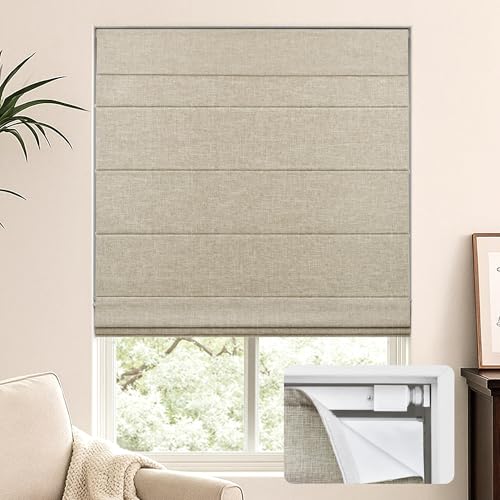 LazBlinds No Tools No Drill Cordless Roman Shades for Windows, Blackout Thermal Insulated UV Blocking Window Blinds, Lightweight Fabric Blinds for Indoor Windows, 28' W x 60' H, Blackout - Beige