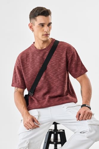 Image of SNITCH Men's T-Shirt | Textured Oversized Crew Neck Design | Premium Polyester Blend Fabric with Waffle Weave | Breathable & Lightweight Casual Wear