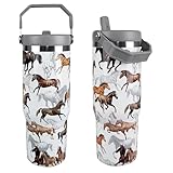 cahduenx 30 oz Horse Tumbler with Straw Handle, Vintage Gifts for Women Men Horse Lover, Stainless Steel Insulated Water Bottle Coffee Cups for Home Office Travel（White）