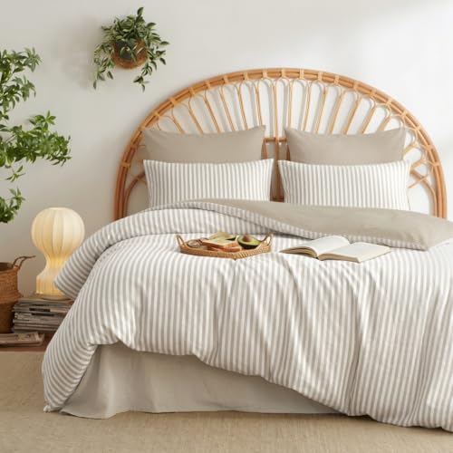 Image of Nayoroom Brown Striped Duvet Cover Queen Reversible White Taupe Bedding