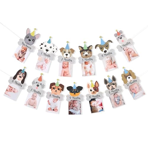 Puppy Milestone Cards Puppy Pawty Milestone Photo Banner – Dog 12 Months Photo Garland, Puppy First Year Banner, Doggie First Birthday Party Decorations, Dog Cake Smash Photo Props for Newborn to 12months Baby