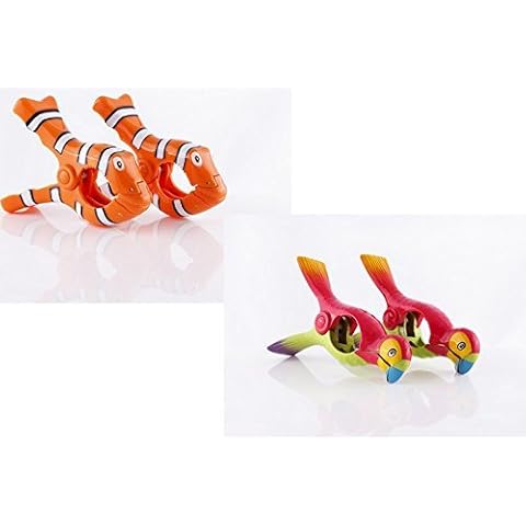 Beach towel 'Boca' Clips - 2 PAIRS - CLOWN FISH & PARROTS Cover
