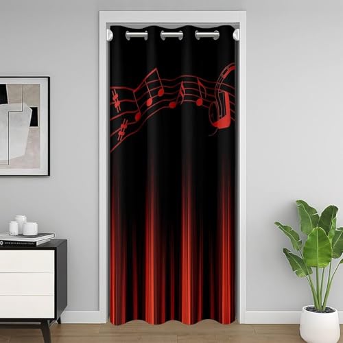 Loussiesd Abstract Shadow 1 Panel Door Curtain - 132X203Cm Red And Black Music Striped Windows Bedroom Curtain