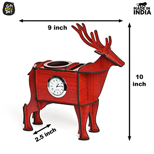 Image of GKD Deer Showpiece & Desk Organizer with Desk Calendar 2024 and Table Clock, 3D Wooden Deer Figurine is Unique Gift and Office Desk Study Table Decoration Items (Eco Friendly Made in India) (Red)