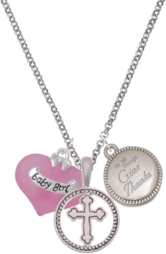 Delight Jewelry Heart with Baby Feet Silver-tone Give Thanks to God Cross Pendant Necklace, 23"