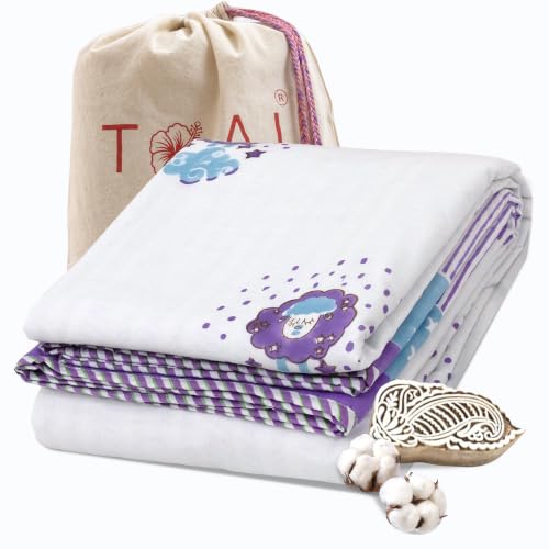 Image of TOAIArt Premium Jaipuri Dohar | AC Blanket Summer Quilt | Hand Block Printed | 3 Layers | Reversible | 150GSM 100% Mulmul Cotton | 100% Cotton Flannel Filling | Single 60 inch X 90 inch |Sleepy Sheep