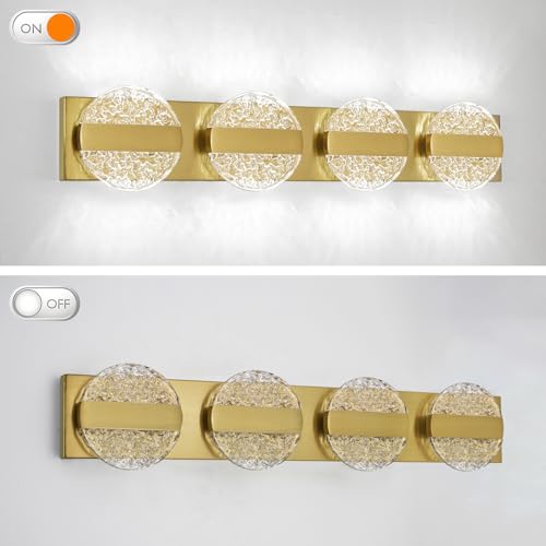 Image of Luxury Brushed Gold Bathroom Vanity Light with High CRI 90+ LED for True Colors, 20W 6000K Cool White Modern Bathroom Lights Fixture Over Mirror for Makeup & Shaving