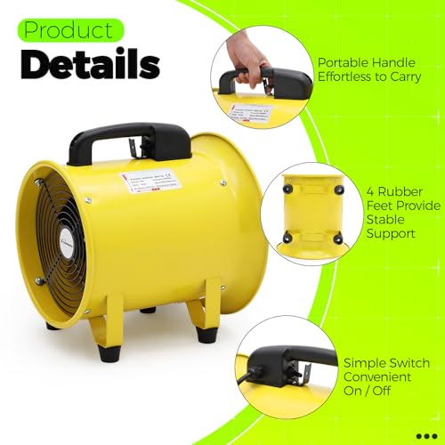 PULLAFUN Utility Blower/Exhaust Fan,8 Inches Exhaust Fan with 33 FT Duct Hose,195W 1070 CFM Heavy Duty Blower,Industrial Ventilator for Exhausting & Ventilating at Home and Job Site,Yellow