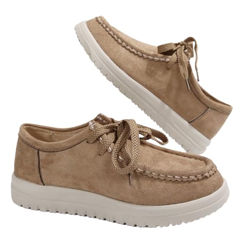 Women's Suede Moccasin Low-Top Chunky-Sole Loafers Slip-On Lace-Up Comfortable Anti-Slip Fashion Flat Casual Sneakers