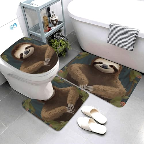 Dwrepo Sloth Print Bathroom Rug Set 3 Piece with Non-Slip U-Shaped Contour Mat and Toilet Lid Cover for Bathroom Decoration