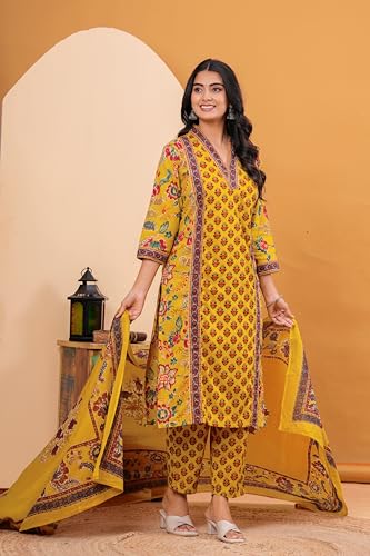 Image of MEERA FAB Women's Cotton Blend Straight Printed Kurta with Palazzo & Dupatta