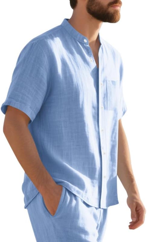 Scapodo Men's Cotton-Linen Shirt - Short Sleeve Button Down Breathable Business Casual Shirt with Pocket for Vacations