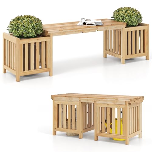 Giantex 2-in-1 Outdoor Bench with 2 Raised Garden Beds, Planter Boxes with Open-Ended Base, Garden Bench Seat for Porch Balcony Lawn Yard, DIY Assembly, Natural