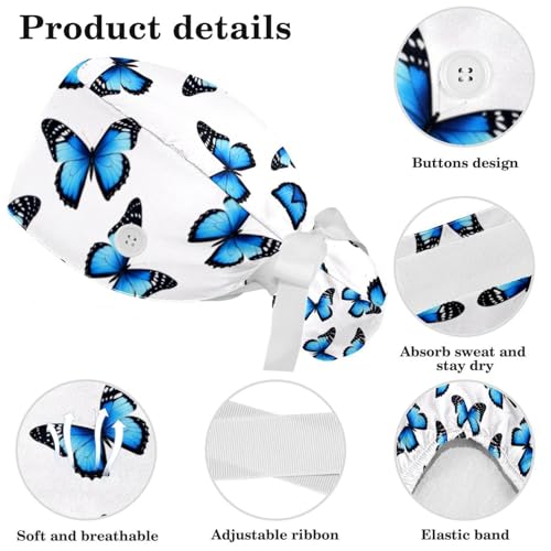 Image of Colored Butterflies Scrub Caps Women, Adjustable Working Cap with Button, Surgical Caps with Bow Hair Scrunchy