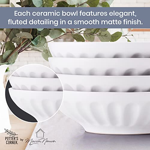 Potter's Corner By Maison Neuve 4-Pc Dinner Bowls Set - 8.25 In / 30 Oz Ceramic Bowl Set Of 4 - Chip Resistant, Dishwasher & Microwave Safe - Serving Bowls For Pasta, Salad, Or Soup (Snow White) #TOP4