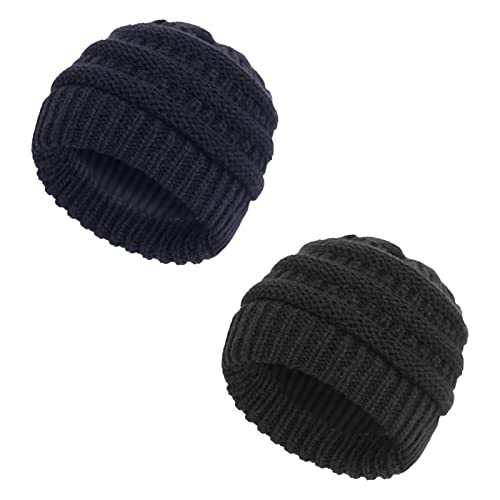 HAIGOU Baby Mütze Weiche warme Beanie gestrickte gemütliche Wintermütze für Jungen Mädchen 0-24 Monate (Schwarz+Marine) Cover