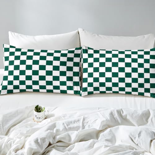 Image of Erosebridal Aesthetic Checkered Bedding Queen White Green Checkerboard Sheet Set,Buffalo Plaid Grid Bed Sheets for Kids Teen Adults Geometric Gingham Bed Sheet Set 4 Piece