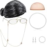 Gejoy 7 Pcs Old Lady Wig Costume Set 100 Days of School Grandma Gray Hair Wig Cap Glasses Chain Pearl Bead Necklace for Cosplay(Black White Bun Wig)