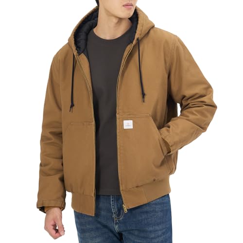 HISEA Men's Loose Fit Washed Duck Active Jacket Winter Insulated Canvas Hooded Work Utility Jacket with Pockets