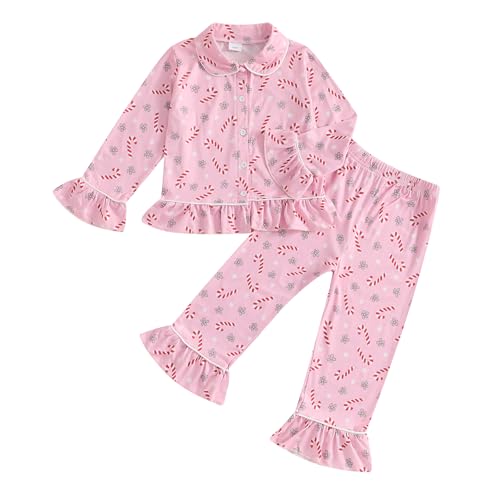 Kuriozud Toddler Girl Christmas Silk Pajamas Ruffle Button Down 2 Piece Pajama Set Kids Little Girls Pjs Nightgown Outfit