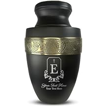 Personalized Adult Cremation Urn with Custom Engraved Name, Date and Headstone 5 Design Metal Aluminum Vessel for Ashes and Remains | Elite Collection with Gold Inlay | 200 Cubic Inch | Black
