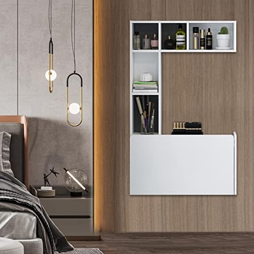 Pmnianhua Folding Wooden Wall Mounted Drop Leaf Table,Space Saving Folding Table Makeup Vanity Desk Table with Storage Shelves for Laptop Bedroom Studio Small Space (white)