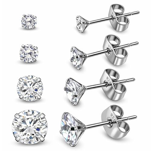 Image of 4Pairs Diamond Studs Earrings Women Men Hypoallergenic Silver Studs
