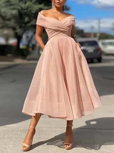 Womens Tulle Tea Length Mother of The Bride Dresses Off Shoulder Wedding Guest Dress Formal Evening Party Gown LZY8073