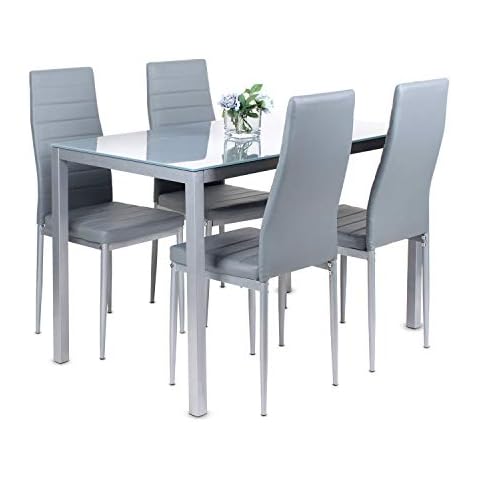Dining Table and Chairs Set of 4,Glass Grey Kitchen Table and 4 Faux Leather Padded Chairs Kitchen Dining Table Set Cover