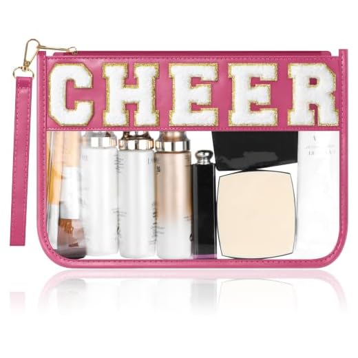 BuyCard Cheer Chenille Letter Bags Clear Makeup Bag, Cheerleader Gifts Cosmetic Bag, Varsity Preppy Patch Flat Pouch Cheer Accessories, Waterproof PVC Organizer Toiletry Bag for Women Girls