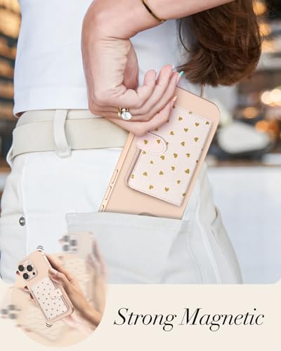 Image of Shorogyt for Magnetic Phone Wallet Compatible with Magsafe Card Holder - Luxury Slim Leather Mag Wallets for Women Fit 4 Cards, for iPhone 17 /16 /15 /14 /13 /12 Series for Apple RFID Magnet, Gold Heart