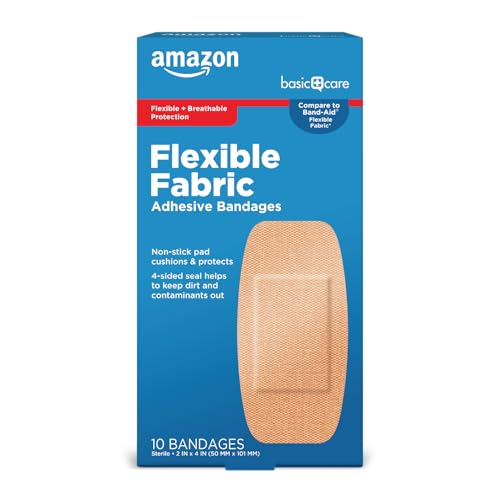 Amazon Basic Care Flexible Fabric Adhesive Bandages, XL (2 in x 4 in), Non-Stick Pad for Cuts & Scrapes, 4-Sided Seal, 10 Count