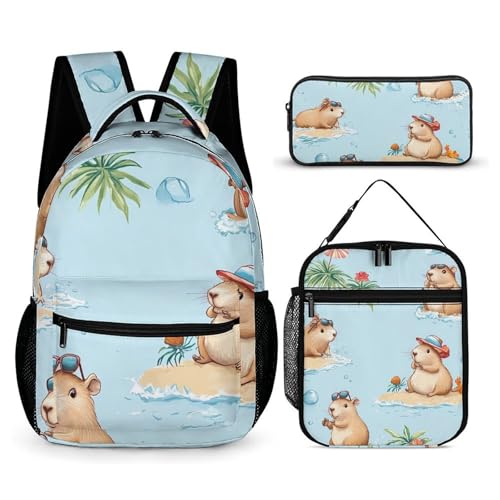 Cute Capybaras Beach Time Backpack Shoulder Bags Lunch Bag Pencil Case Box 3 Set Daypack Cute