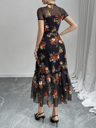 Image of GothDark Women's Summer Floral Mesh Ruffle Dress Short Sleeve Round Neck Waist Cinched Casual Maxi Wedding Guest Dresses