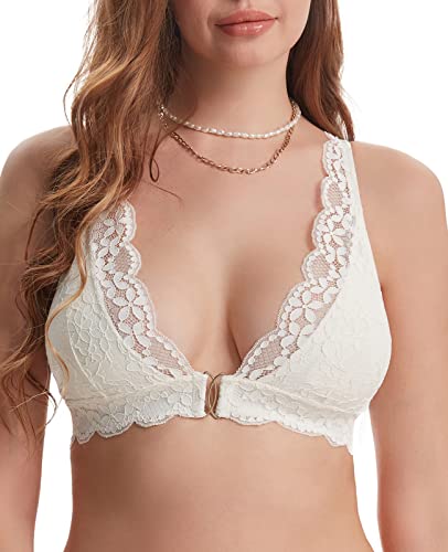 UCA Lingerie White Triangle Lace Bralette, Wireless Plunge Bra with Removable Pads Racerback for Everyday Comfort(34B,White)