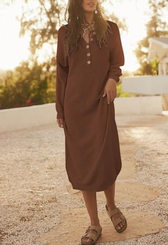 Image of Cutiefox Women's Fall Winter Sweater Long Dress Button V Neck Batwing Long Sleeve Oversized Waffle Knit Dresses