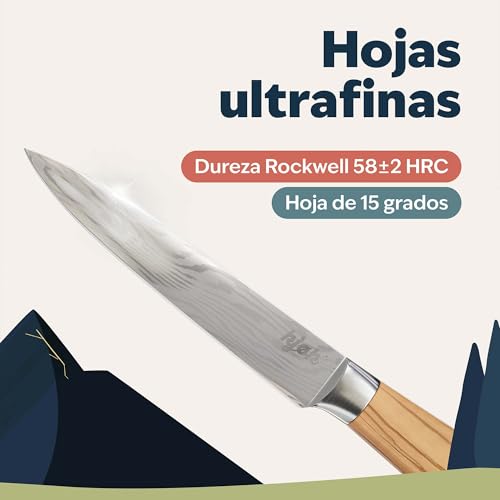 kjøk Juego de Cuchillos profesional y premium para cocina en estilo cuchillo japonés Damasco y mango de madera de olivo, dureza 58±2 HRC - compuesto por cuchillo nakiri, de chef 20cm e 13cm - imagen 3