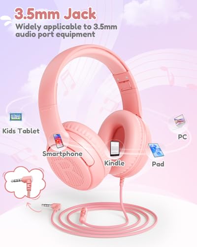 Image of Kids Headphones with Microphone Foldable Stereo Tangle-Free 3.5mm Jack Wired Cord On-Ear Headset for Children /Teens /Boys /Girls /Smartphones /School /Kindle /Airplane Travel /Plane /Tablet (Pink)
