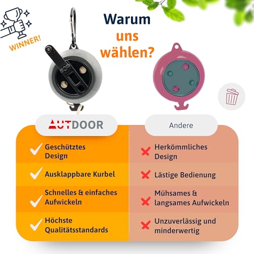 AUTDOOR® Wäscheleine ausziehbar, mit praktischer Kurbel - Extralange 10m Schnur - Perfekt für Camping & Reisen (Schwarz/Grau)