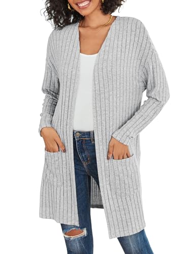 Womens Cardigan Sweater Lightweigh Long Sleeve Open Front Knit Oversized Cardigans with Pockets Trendy Spring Tops