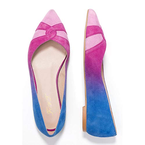 Women Rainbow Suede Leather Flat Shoes, Sexy Pointed Toe Slip-on Pumps for Ladies, Green, Pink-Blue, Yellow Dress Flats for Dating, Vacation, Full Size 4-16 M US