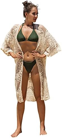 Dames badpak cover-up badpak kimono lange strandjurk bloemenkant bikini zwemkleding dames badpak cover-up badpak kimono lange strandjurk bloemenkant bikini zwemkleding, Kaki, XL