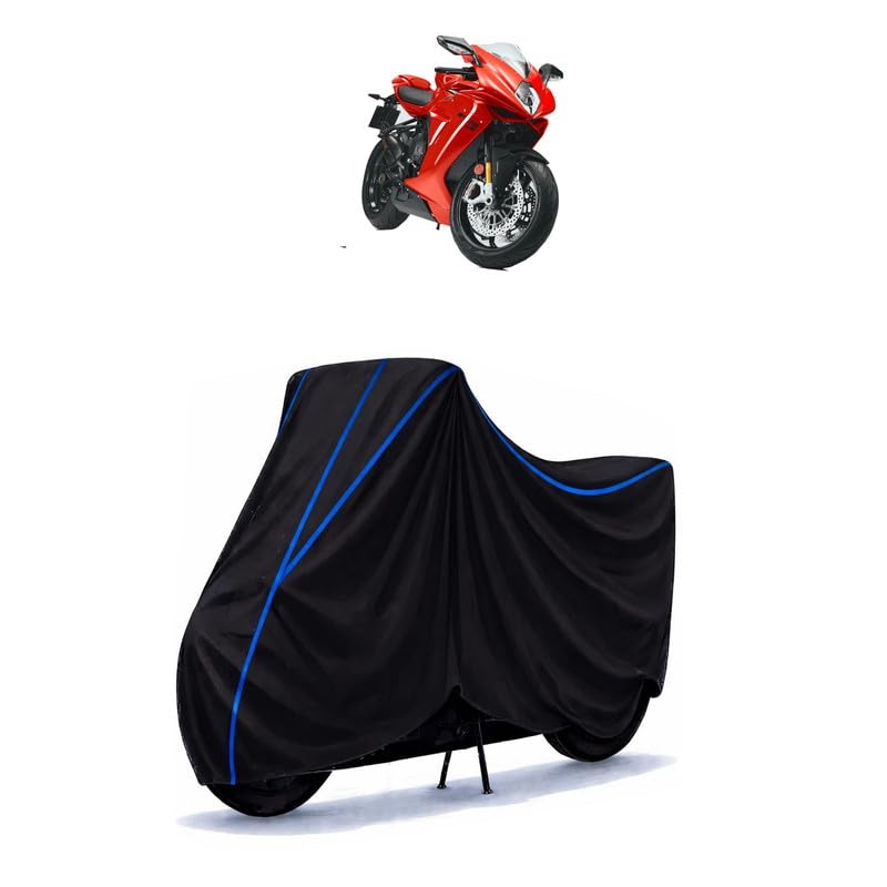 Image of MV Agusta F3 Bike Cover Water Resistant Universal Motorcycle Rain | Heavy Duty UV Protection, Dust, Scratch Indoor Outdoor All Weather with Black Blue Piping Elastic